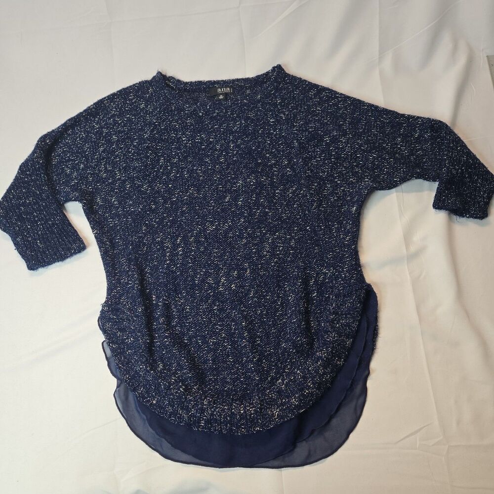 ANA A New Approach Womens Metallic Knit Sweater M Blue Silver Shimmer Pullover